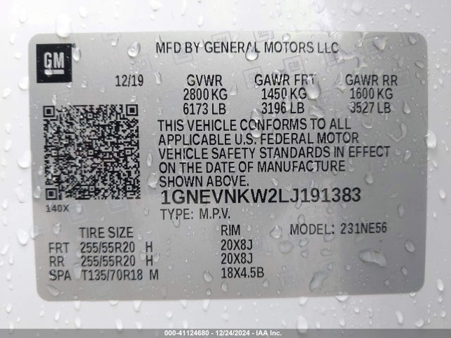1GNEVNKW2LJ191383 Chevrolet Traverse Awd High Country