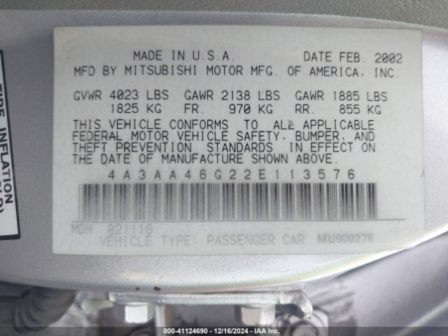 2002 MITSUBISHI GALANT 4A3AA46G22E113576 Photo 8