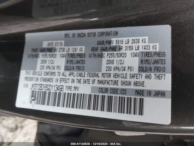 JM3TCBDY6G0113498 Mazda Cx-9 Grand Touring
