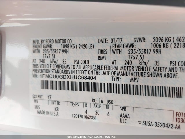 Ford ESCAPE SE 2017 1FMCU0GDXHUC68404 Image 9