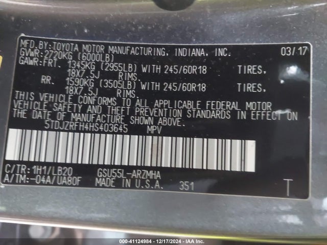 Toyota Highlander Xle 2017 5TDJZRFH4HS403645 Image 9