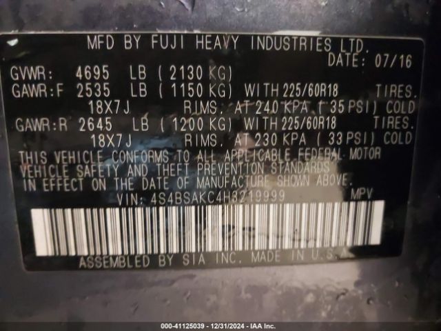 4S4BSAKC4H3219999 Subaru Outback 2.5i Limited
