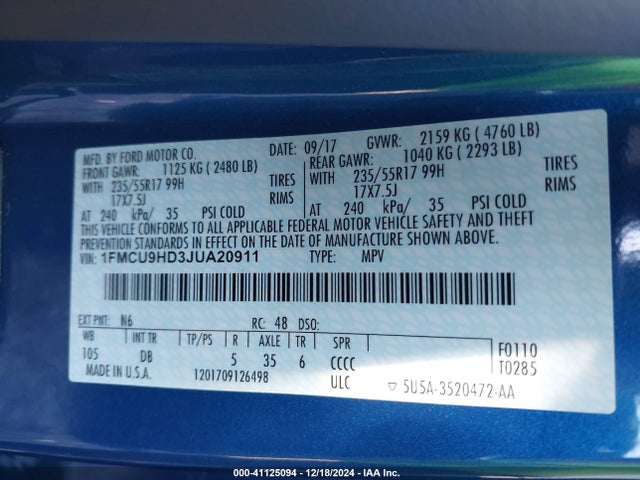 Ford ESCAPE SEL 2018 1FMCU9HD3JUA20911 Image 9