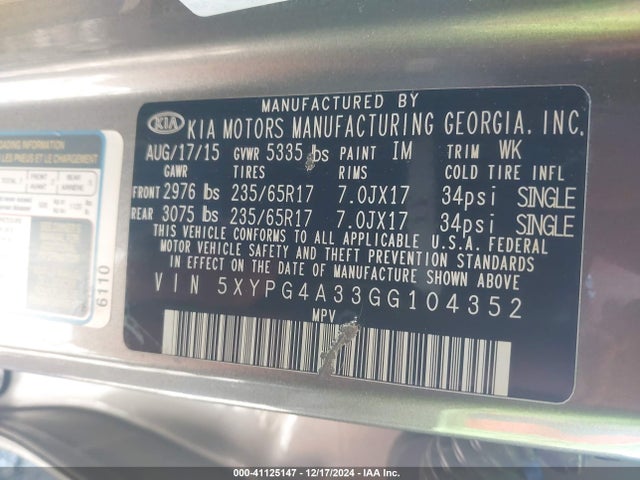 KIA Sorento 2.4l Lx 2016 5XYPG4A33GG104352 Image 9