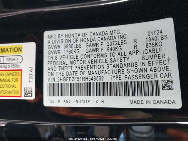 Honda Civic Sport 2024 2HGFE2F51RH548562 Image 9