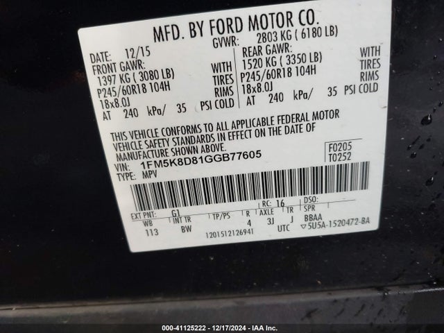 Ford EXPLORER XLT 2016 1FM5K8D81GGB77605 Image 9