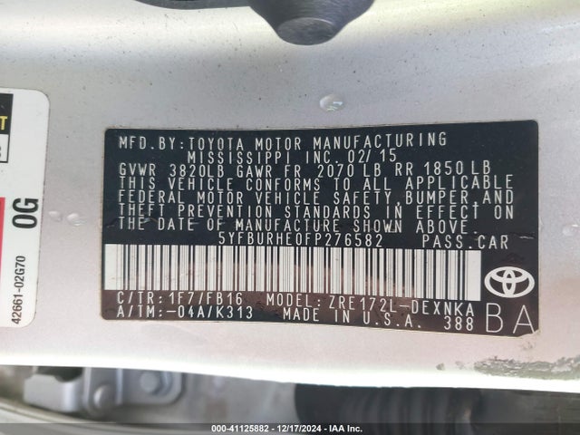 Toyota COROLLA LE 2015 5YFBURHE0FP276582 Image 9