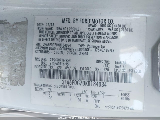 Ford FUSION S 2019 3FA6P0G70KR184034 Image 9