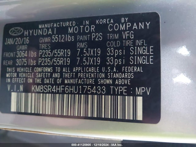 KM8SR4HF6HU175433 Hyundai Santa Fe Limited Ultimate