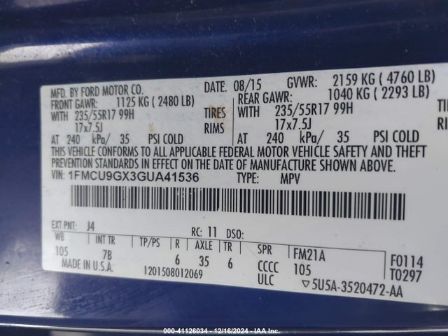 Ford ESCAPE SE 2016 1FMCU9GX3GUA41536 Image 9