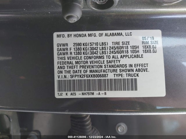 Honda Ridgeline Rtl-t 2019 5FPYK2F6XKB006887 Image 9