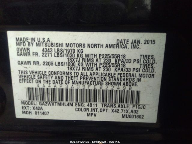 4A4AP3AU9FE022490 Mitsubishi Outlander Sport Es