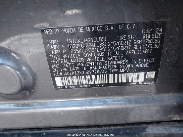 3CZRZ2H35RM776233 Honda Hr-v Awd Lx