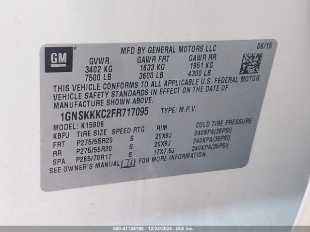 1GNSKKKC2FR717095 Chevrolet Suburban 1500 Ltz