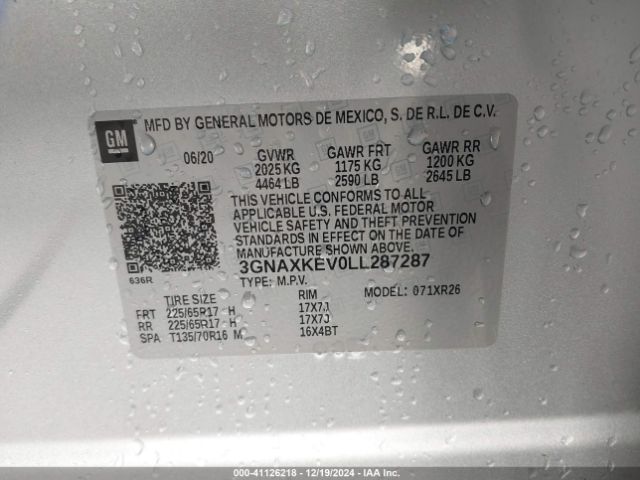 3GNAXKEV0LL287287 Chevrolet Equinox Fwd Lt 1.5l Turbo