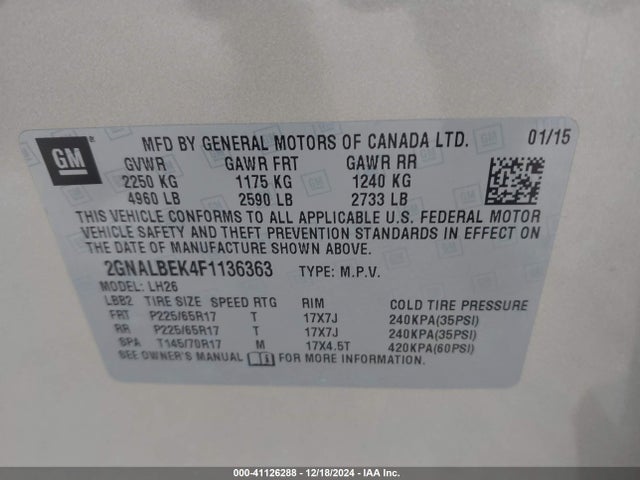 Chevrolet EQUINOX 1LT 2015 2GNALBEK4F1136363 Image 9