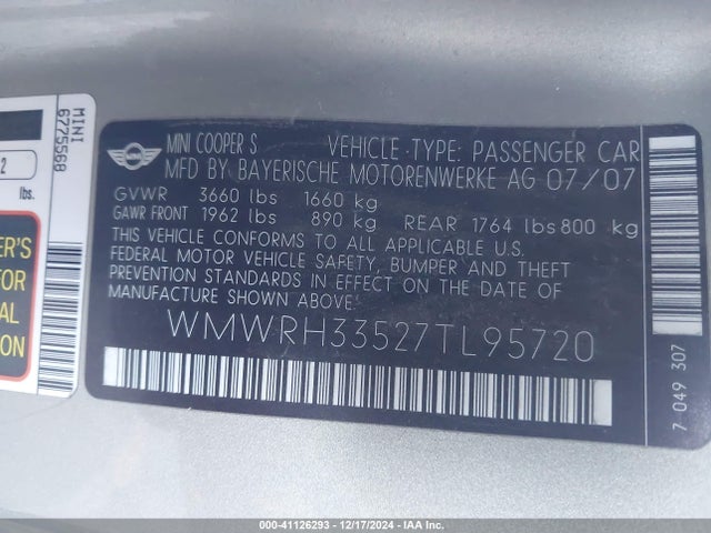 2007 MINI COOPER S WMWRH33527TL95720 Photo 8