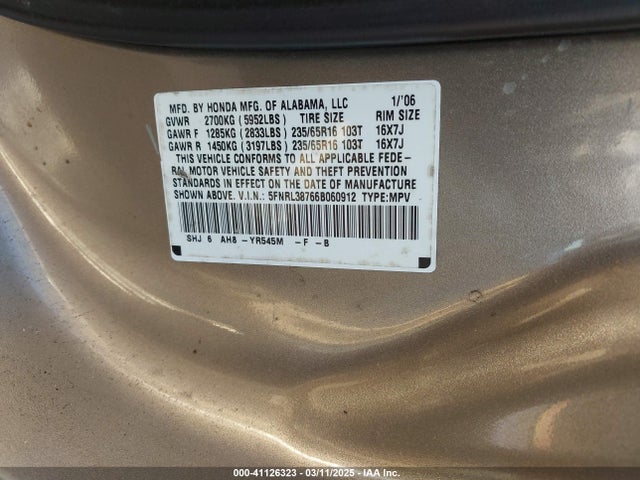 2006 Honda Odyssey Ex-l მანქანა იყიდება აუქციონზე, vin: 5FNRL38766B060912, აუქციონის ნომერი: 41126323