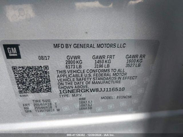 1GNERGKW8JJ116510 Chevrolet Traverse 1lt