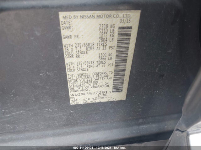 Nissan MURANO SV 2015 5N1AZ2MG7FN222913 Image 9