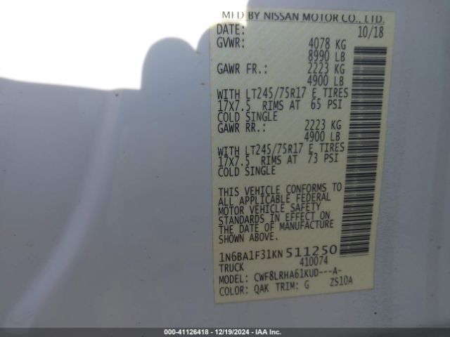 1N6BA1F31KN511250 Nissan Titan Xd S Diesel