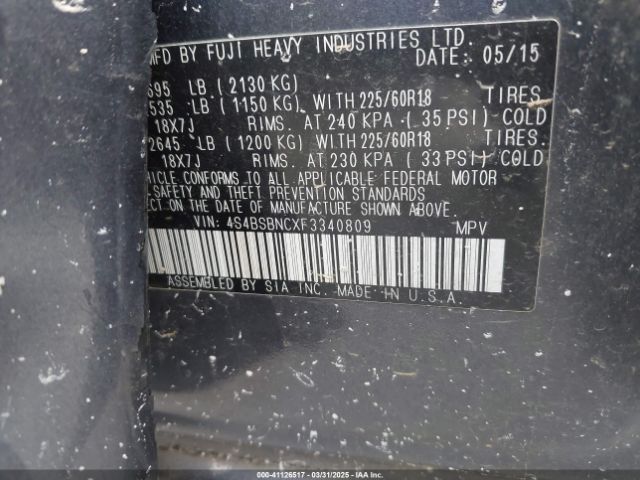 4S4BSBNCXF3340809 Subaru Outback 2.5i Limited