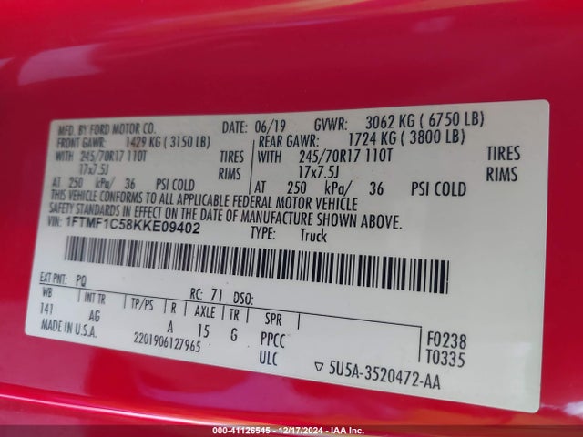 Ford F-150 Xl 2019 1FTMF1C58KKE09402 Image 9