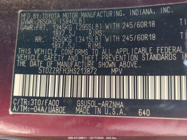 5TDZZRFH3HS213872 Toyota Highlander Le Plus