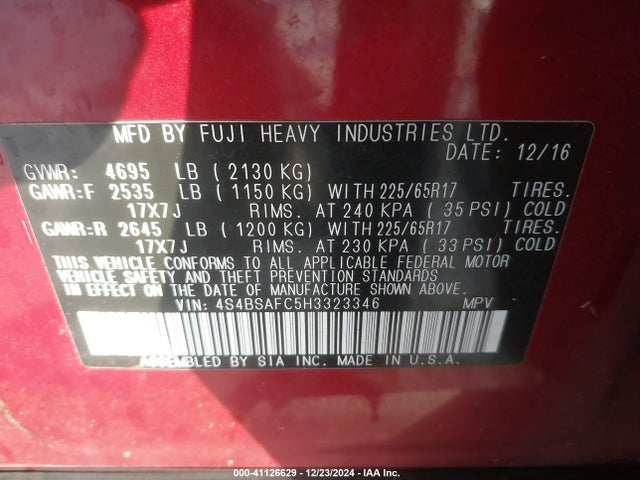 Subaru Outback 2.5i Premium 2017 4S4BSAFC5H3323346 Image 9