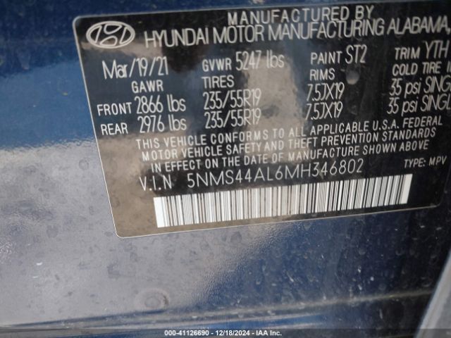 5NMS44AL6MH346802 Hyundai Santa Fe Limited