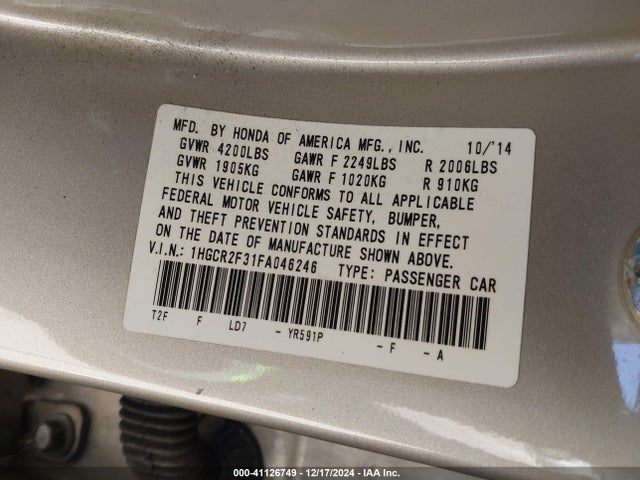 Honda ACCORD LX 2015 1HGCR2F31FA046246 Image 9