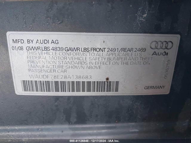 2008 AUDI A4 WAUDF78E28A138683 Photo 8