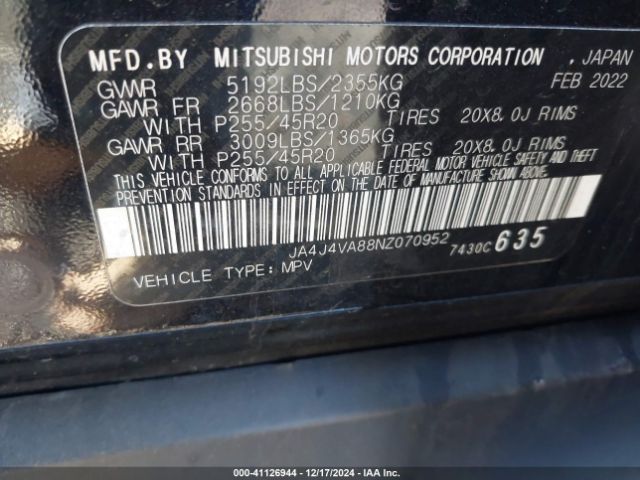 2022 MITSUBISHI OUTLANDER JA4J4VA88NZ070952 Photo 8