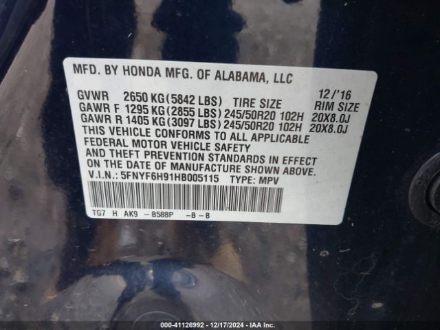 5FNYF6H91HB005115 Honda Pilot Touring