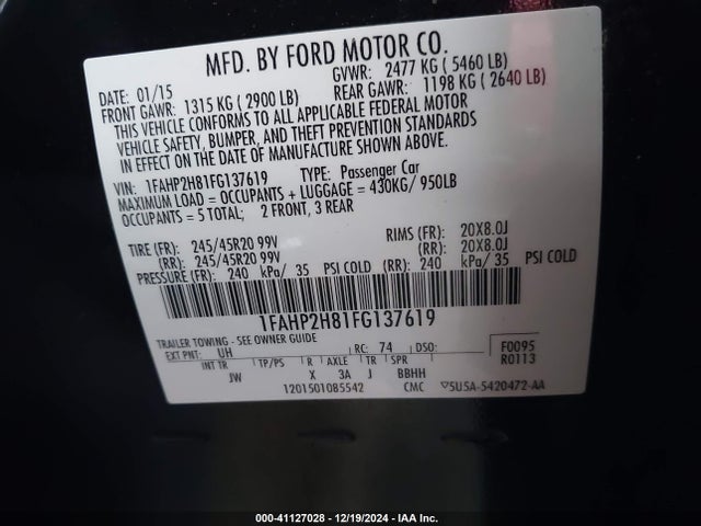Ford TAURUS SEL 2015 1FAHP2H81FG137619 Image 9
