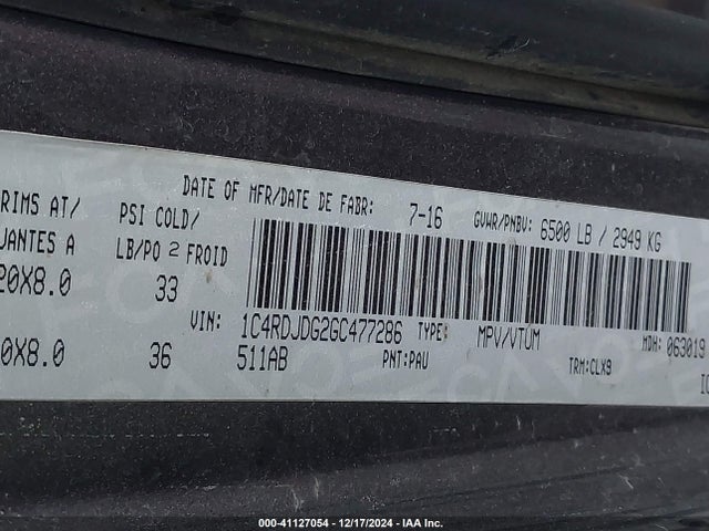 Dodge DURANGO LIMITED 2016 1C4RDJDG2GC477286 Image 9