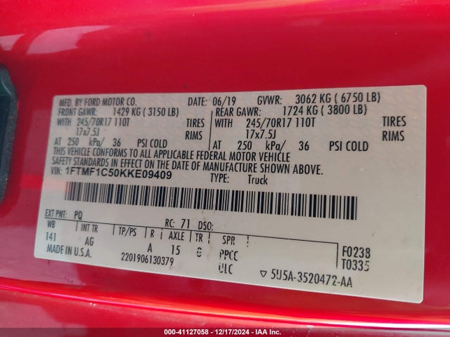 Ford F-150 Xl 2019 1FTMF1C50KKE09409 Image 9