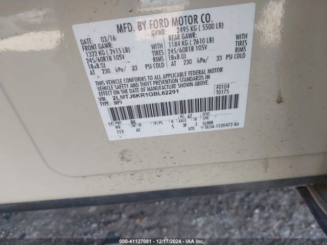 2LMTJ6KR1GBL62291 Lincoln Mkx Select