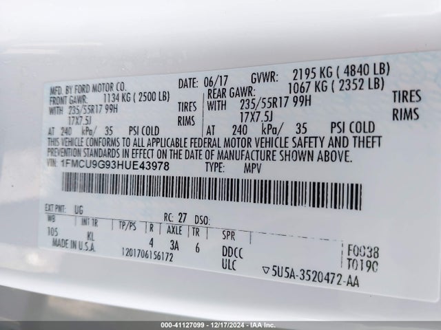 Ford ESCAPE SE 2017 1FMCU9G93HUE43978 Image 9