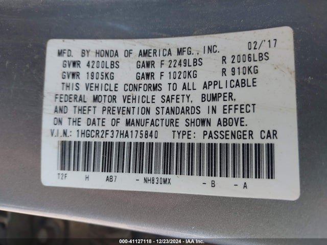 Honda ACCORD LX 2017 1HGCR2F37HA175840 Image 9