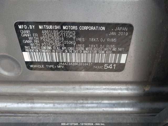 Mitsubishi Outlander Sel 2019 JA4AZ3A35KZ039437 Image 9