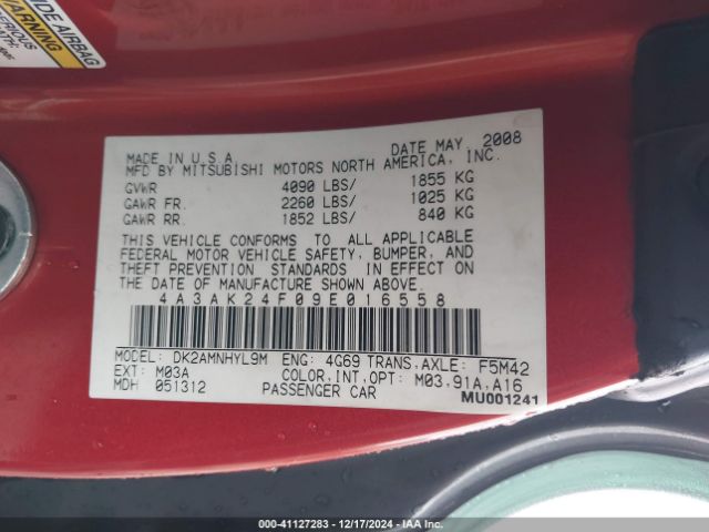 2009 MITSUBISHI ECLIPSE 4A3AK24F09E016558 Photo 8