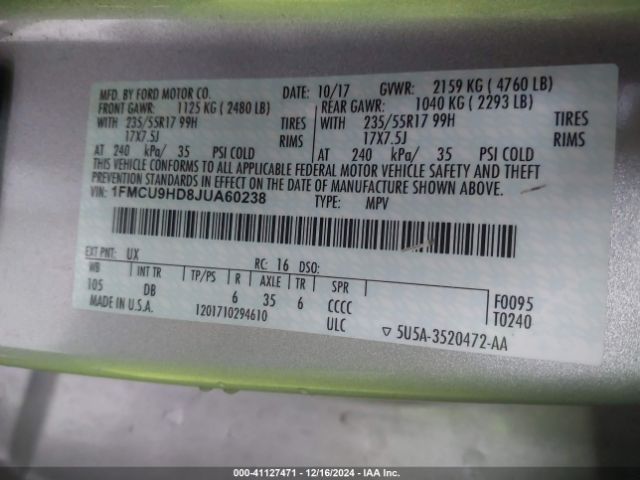 1FMCU9HD8JUA60238 Ford ESCAPE SEL