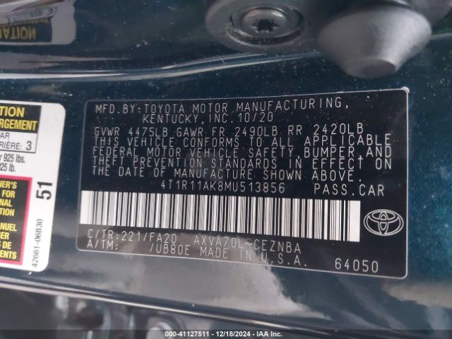 4T1R11AK8MU513856 Toyota CAMRY LE