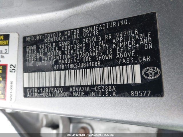 4T1B11HK2JU641688 Toyota CAMRY SE