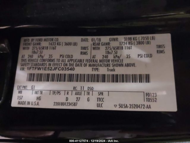 1FTFW1E52JFC03540 Ford F-150 Lariat