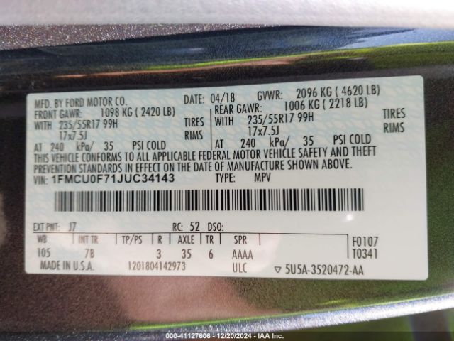 1FMCU0F71JUC34143 Ford ESCAPE S