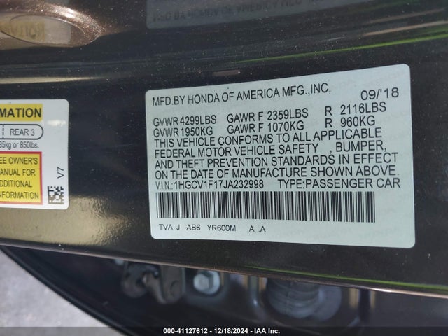 Honda ACCORD LX 2018 1HGCV1F17JA232998 Image 9