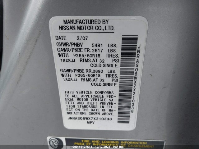 Продажа на аукционе авто 2007 Infiniti Fx35, vin: JNRAS08WX7X210338, номер лота: 41127614