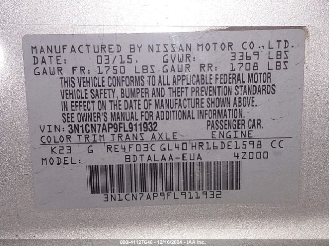 3N1CN7AP9FL911932 Nissan Versa 1.6 S